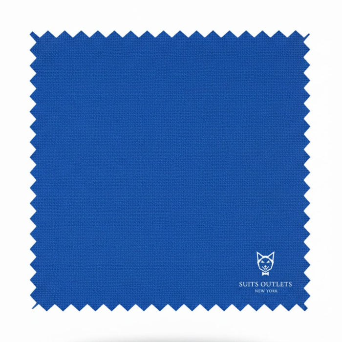 Blue fabric swatch with 'Suits Outlets New York' logo on a white background