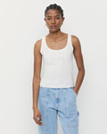 Rylee Pointelle Tank Top in white pointelle fabric and Molly Workwear Jean in light blue denim.