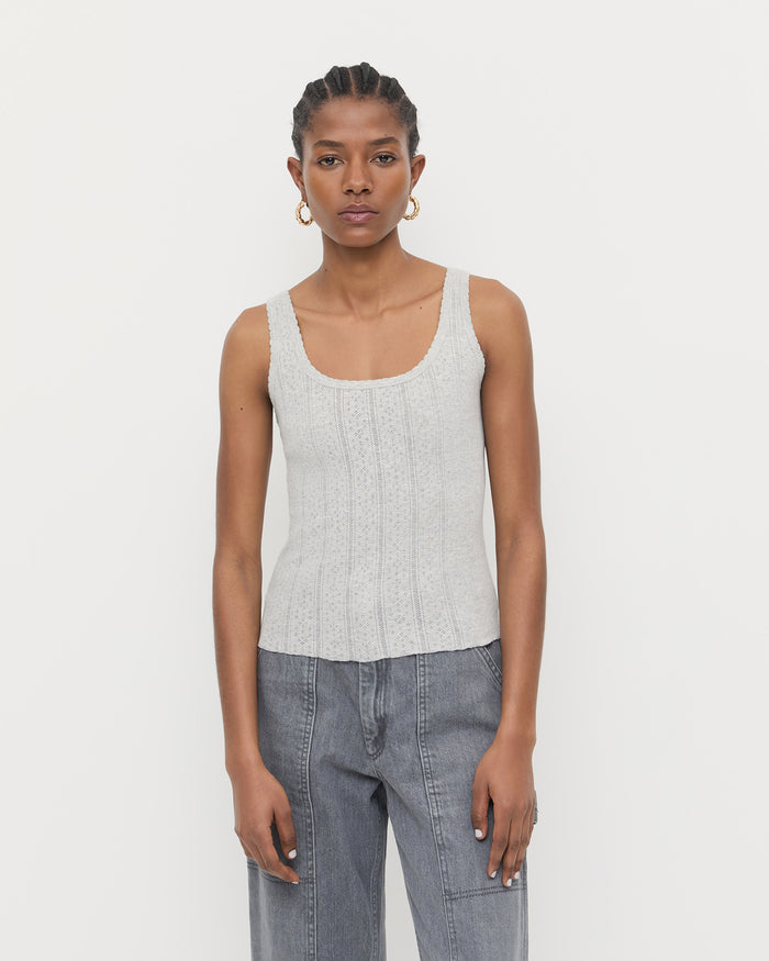 Rylee Pointelle Tank Top in grey pointelle fabric and Molly Workwear Jean in grey denim.