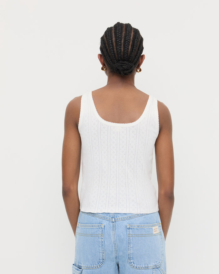 Rylee Pointelle Tank Top in white pointelle fabric and Molly Workwear Jean in light blue denim.