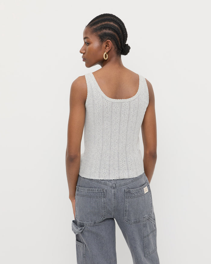 Rylee Pointelle Tank Top in grey pointelle fabric and Molly Workwear Jean in grey denim.