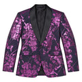 A men's single-breasted blazer with a vibrant magenta and purple floral jacquard pattern over a dark navy base, featuring contrasting black satin shawl lapels.