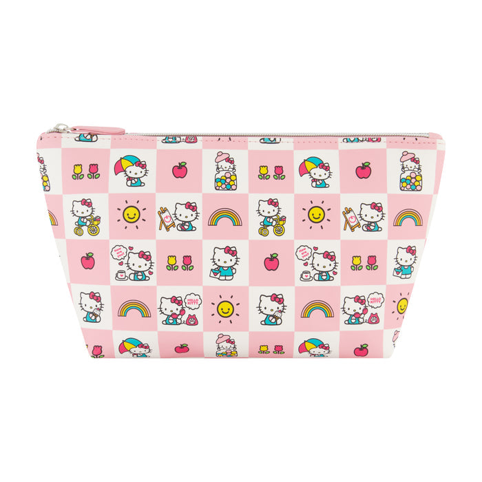 Sanrio Hello Kitty trapezoid cosmetic travel bag! Featuring a pastel pink and white checkered print with adorable Hello Kitty illustrations