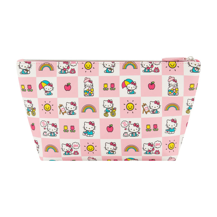 Sanrio Hello Kitty trapezoid cosmetic travel bag! Featuring a pastel pink and white checkered print with adorable Hello Kitty illustrations