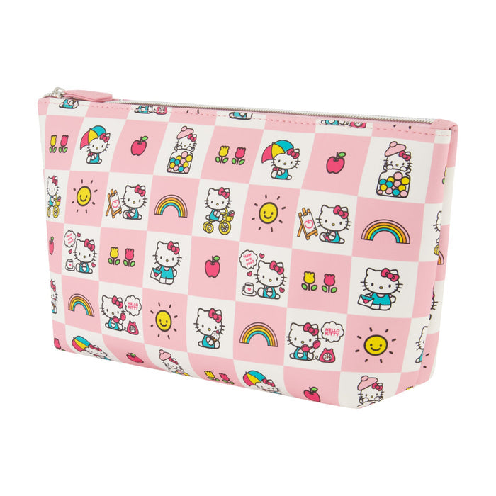 Sanrio Hello Kitty trapezoid cosmetic travel bag! Featuring a pastel pink and white checkered print with adorable Hello Kitty illustrations