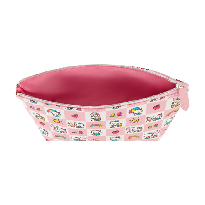 Sanrio Hello Kitty trapezoid cosmetic travel bag! Featuring a pastel pink and white checkered print with adorable Hello Kitty illustrations