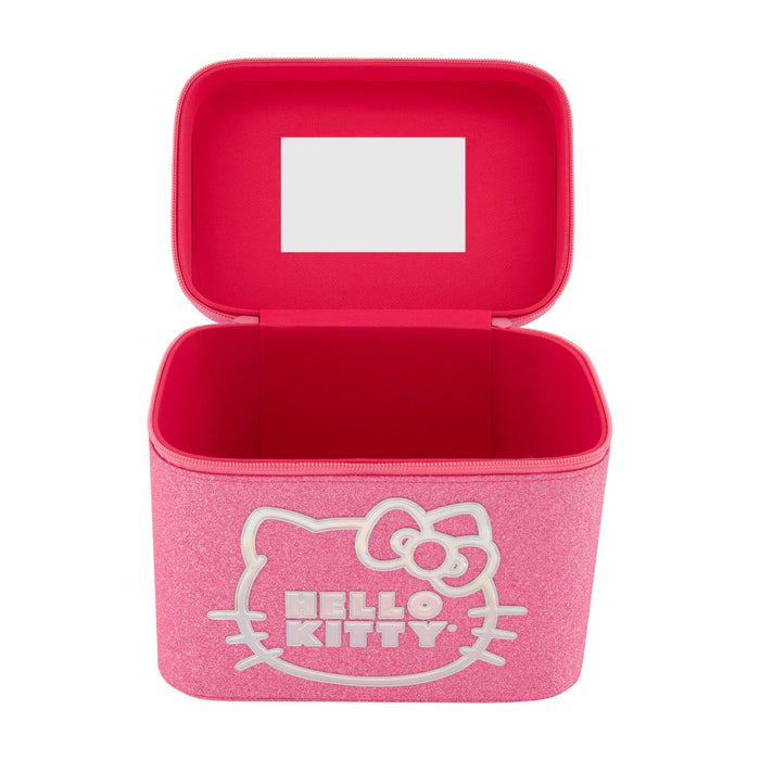 Sanrio Hello Kitty pink large cosmetic case! Designed for fans of Hello Kitty, this sparkling pink organizer features a glittery exterior with a bold Hello Kitty outline and logo