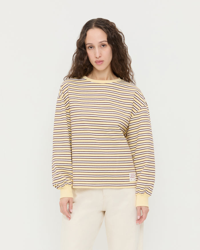 Scout Long-Sleeve Top in butter and maroon striped jersey cotton and Winona Denim Pant in natural denim.