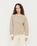 Scout Long-Sleeve Top in butter and maroon striped jersey cotton and Winona Denim Pant in natural denim.