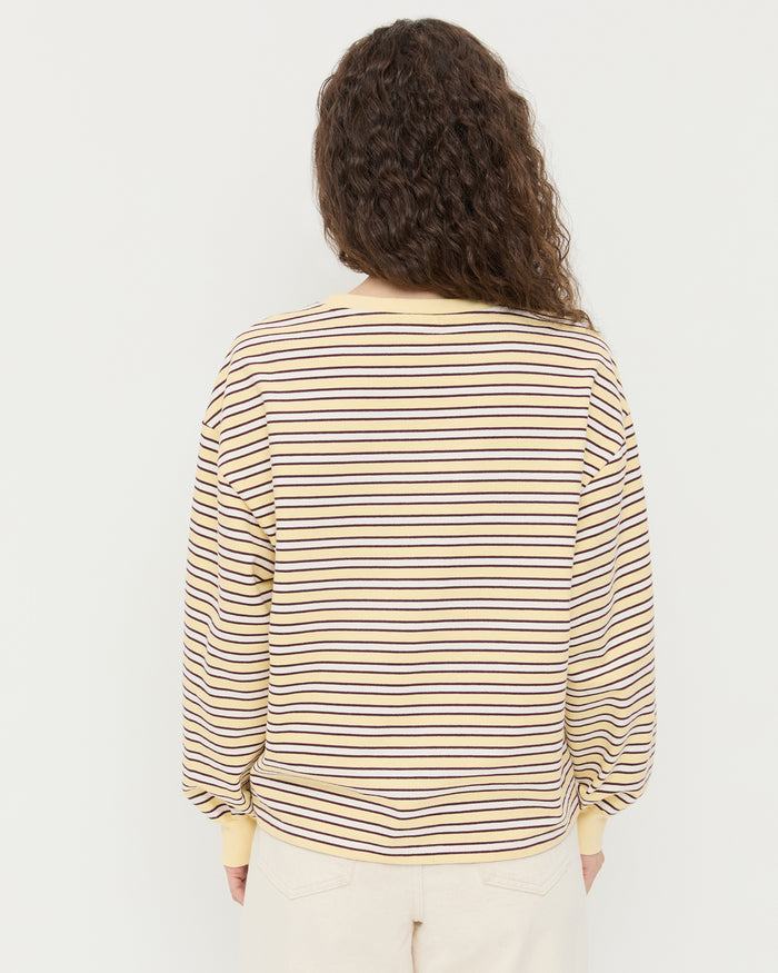 Scout Long-Sleeve Top in butter and maroon striped jersey cotton and Winona Denim Pant in natural denim.