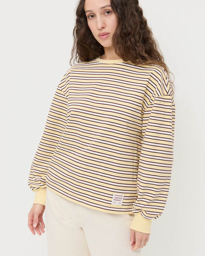 Scout Long-Sleeve Top in butter and maroon striped jersey cotton and Winona Denim Pant in natural denim.
