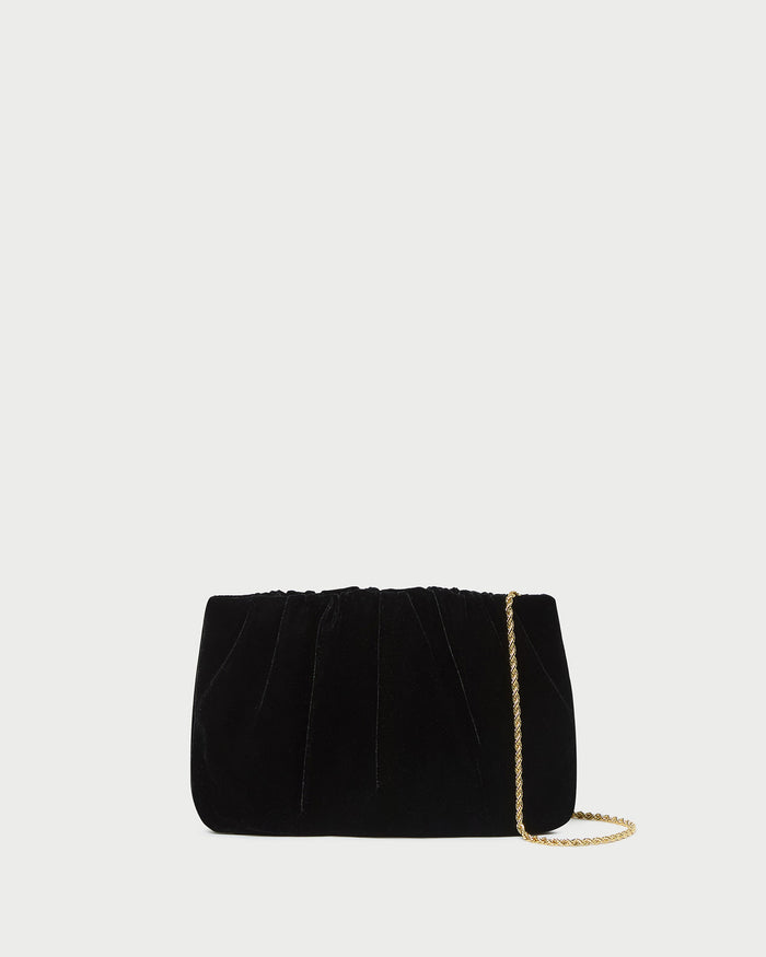 Serena Black Gathered Velvet Clutch in black velvet.