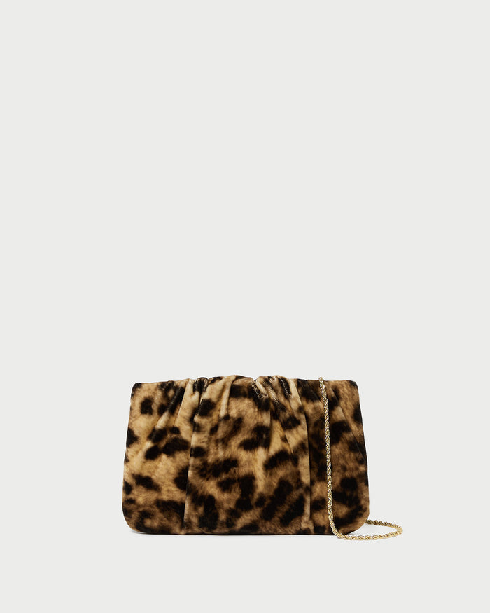 Serena Leopard Gathered Velvet Clutch in leopard print velvet.