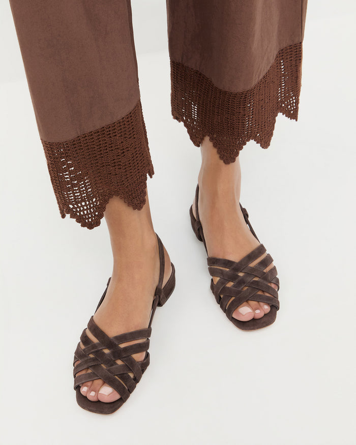 Shelly Brown Suede Flat Sandal in brown suede and Amani Pant.