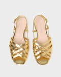 Shelly Gold Leather Flat Sandal in gold metallic leather.