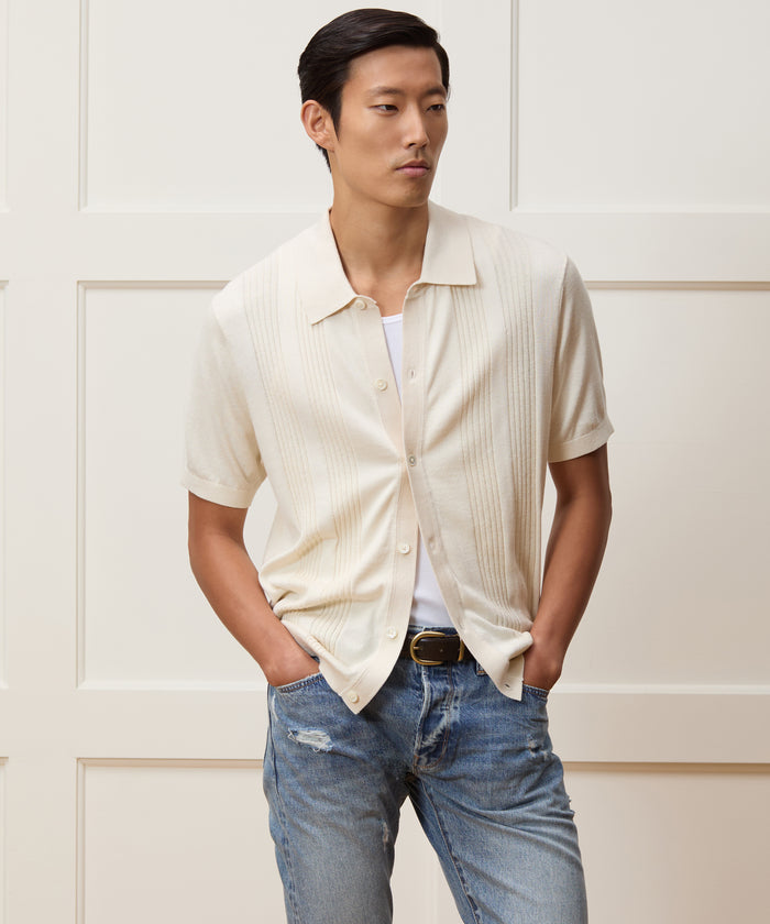 Silk-Cotton Ribbed Full-Placket Sweater Polo