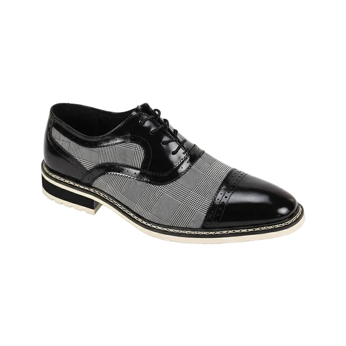 Black and white plaid leather cap-toe dress shoes