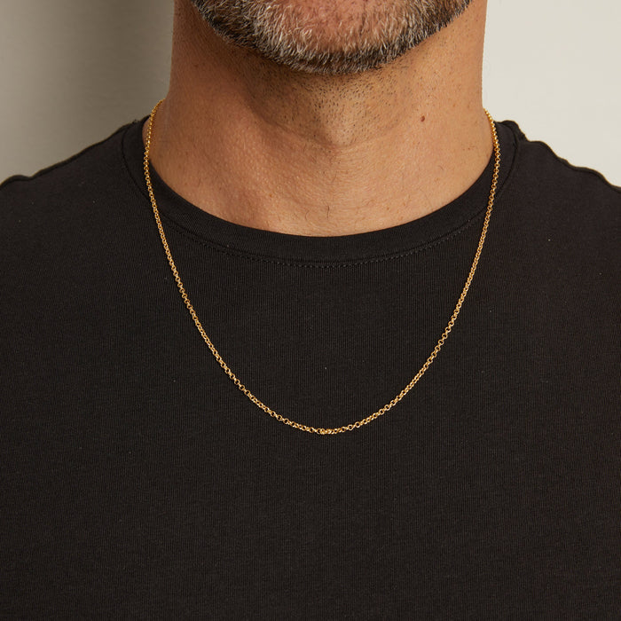 Model. Man wearing a gold chain necklace against a neutral background