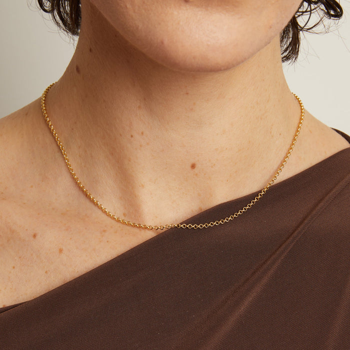 Model. Close-up of a person wearing a gold necklace against a neutral background