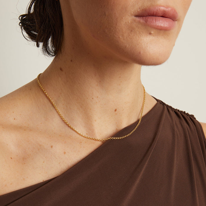 Model. Woman wearing a brown one-shoulder dress with a gold necklace against a neutral background