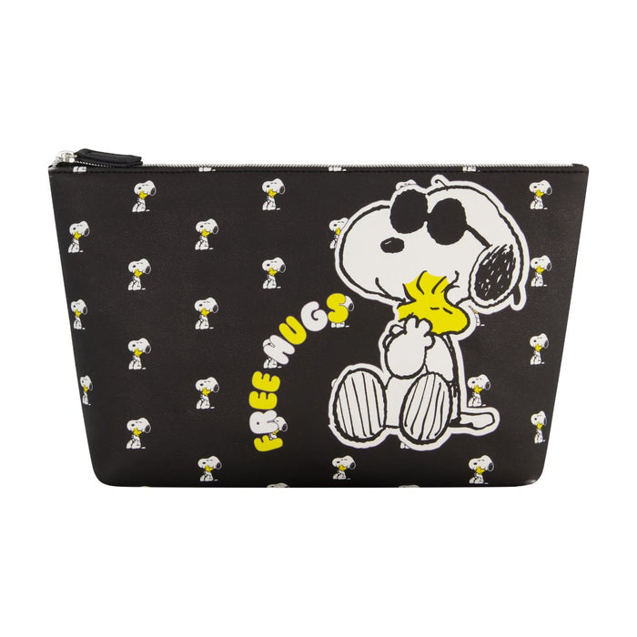 Sleek Black backdrop with Snoopy hugging Woodstock "Free Hugs" and mini icons all over spacious travel cosmetic bag
