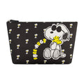Sleek Black backdrop with Snoopy hugging Woodstock "Free Hugs" and mini icons all over spacious travel cosmetic bag