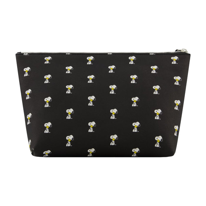 Sleek Black backdrop with Snoopy hugging Woodstock "Free Hugs" and mini icons all over spacious travel cosmetic bag back view