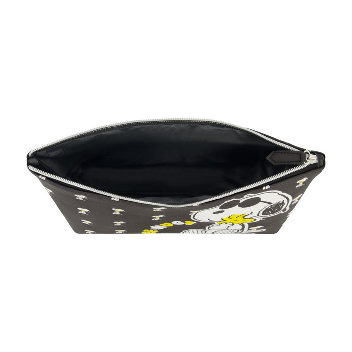 Sleek Black backdrop with Snoopy hugging Woodstock "Free Hugs" and mini icons all over spacious travel cosmetic bag inside capacity