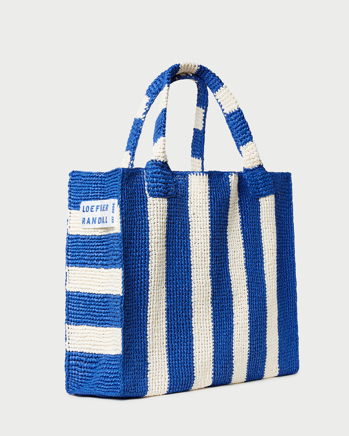Sol Blue Striped Crochet Beach Tote in blue and cream striped raffia.