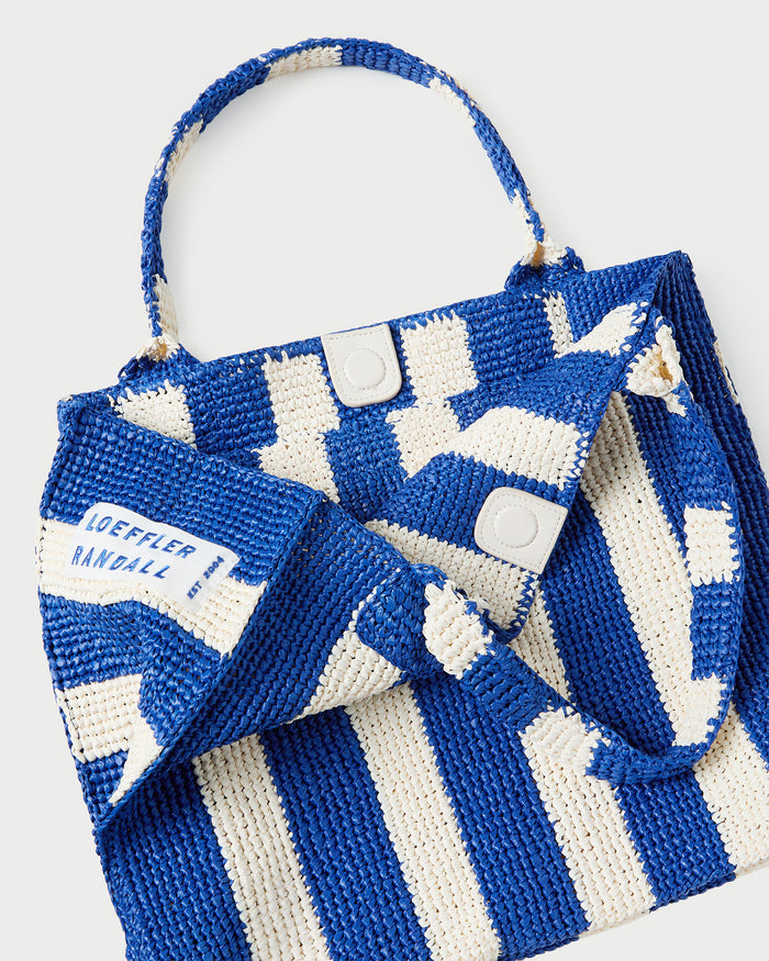 Sol Blue Striped Crochet Beach Tote in blue and cream striped raffia.