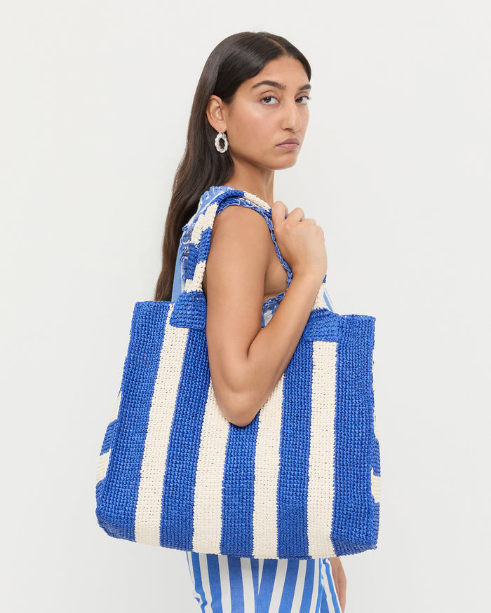 Sol Blue Striped Crochet Beach Tote in blue and cream striped raffia.