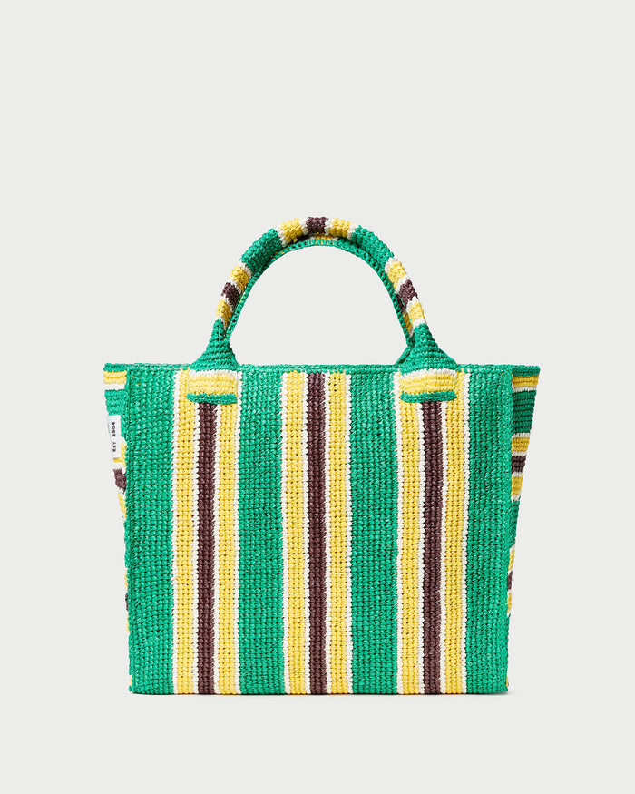 Sol Green/Yellow Crochet Beach Tote in green and yellow striped raffia.