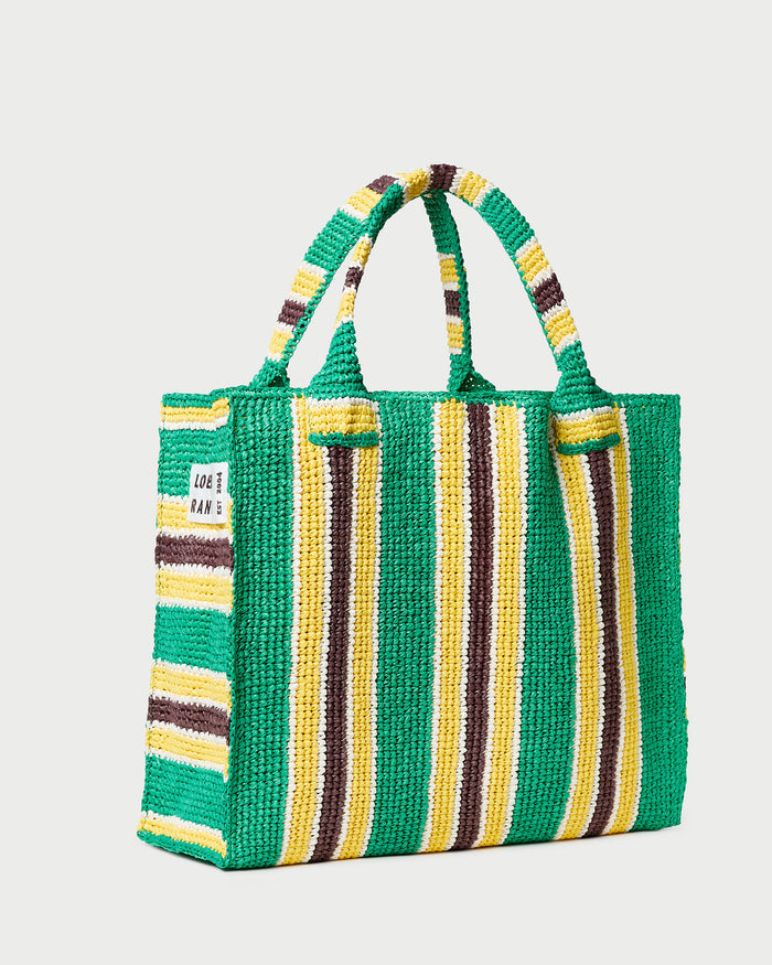 Sol Green/Yellow Crochet Beach Tote in green and yellow striped raffia.