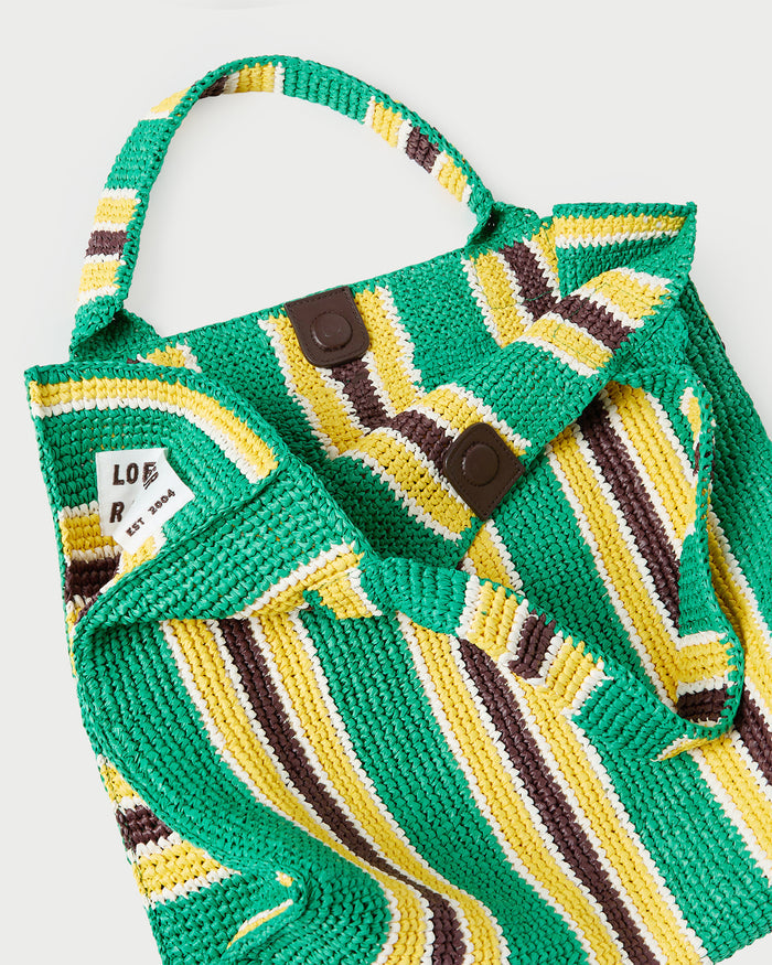 Sol Green/Yellow Crochet Beach Tote in green and yellow striped raffia.