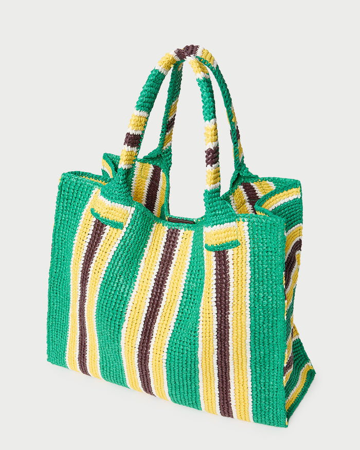 Sol Green/Yellow Crochet Beach Tote in green and yellow striped raffia.