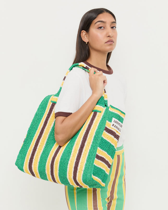Sol Green/Yellow Crochet Beach Tote in green and yellow striped raffia.
