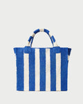 Sol Blue Striped Crochet Beach Tote in blue and cream striped raffia.