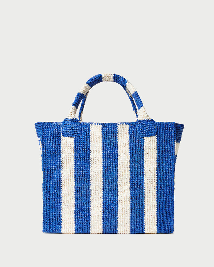 Sol Blue Striped Crochet Beach Tote in blue and cream striped raffia.