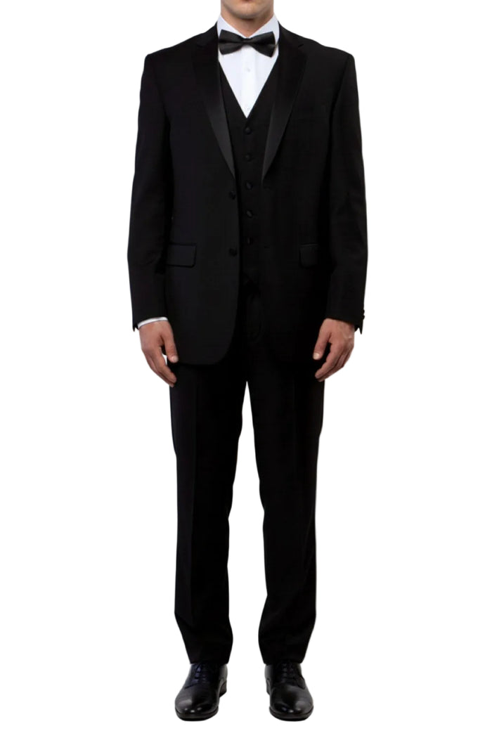 Black modern fit 3 piece men's tuxedo with vest