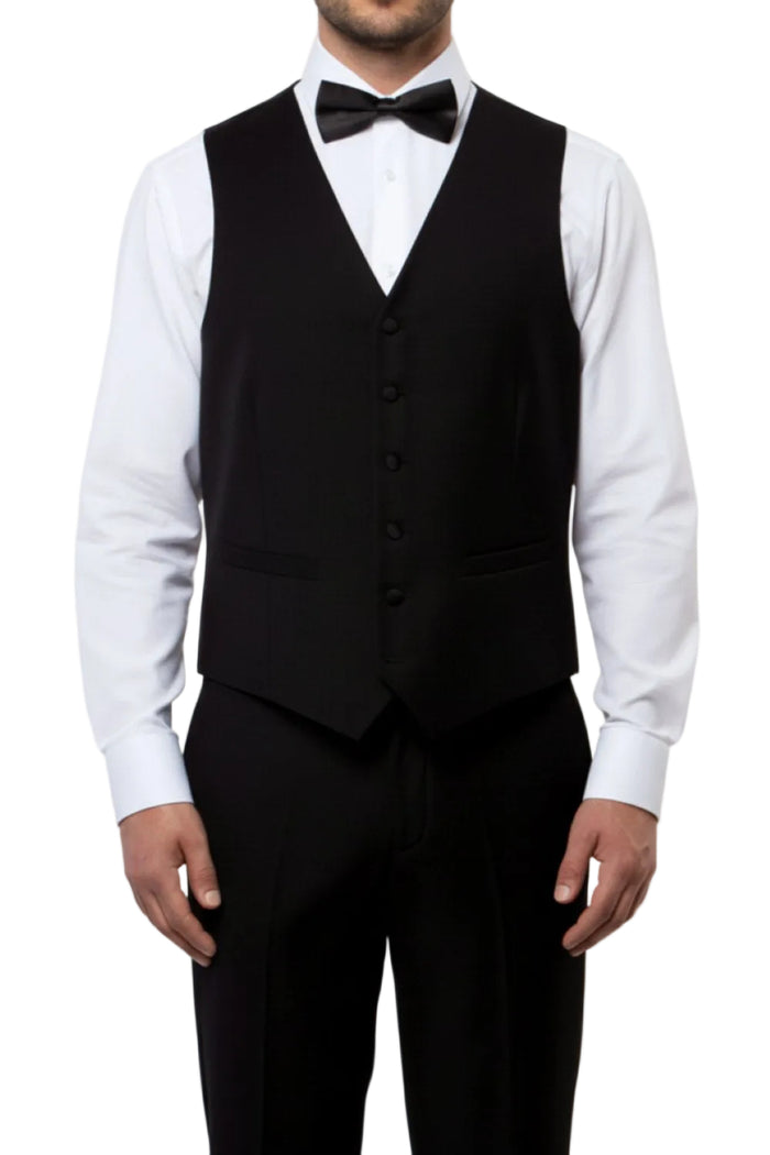 Black men's modern fit three piece tuxedo vest with white shirt and bow tie