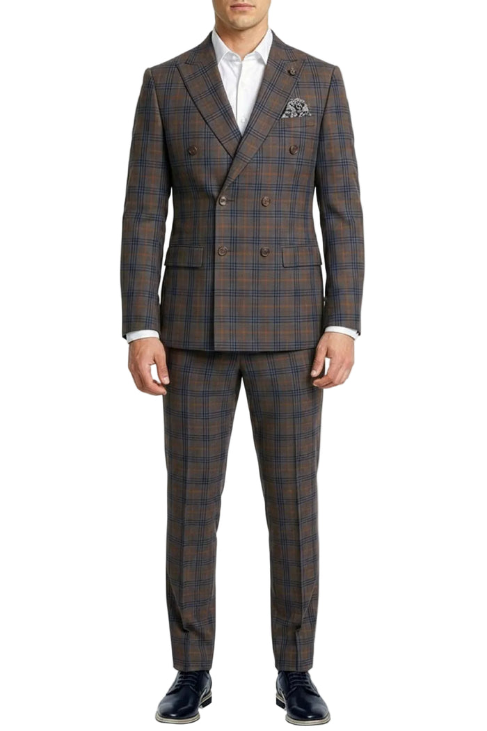 Gray hybrid fit 2 piece men's double breasted windowpane plaid suit
