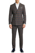 Gray hybrid fit 2 piece men's double breasted windowpane plaid suit