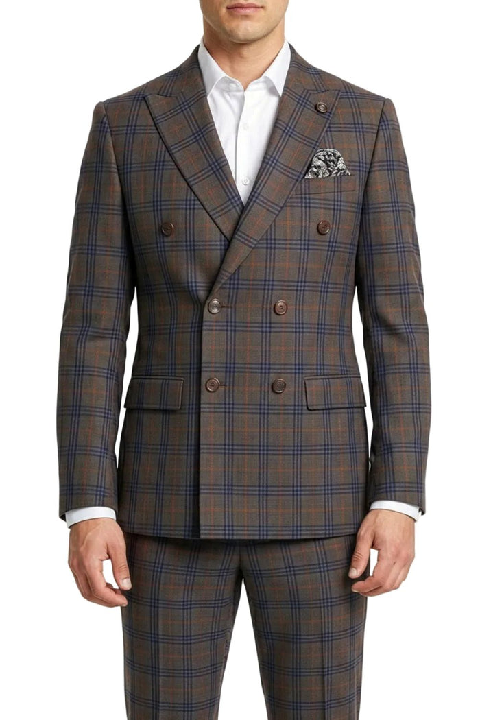 Brown plaid suit with white shirt and pocket square on a white background