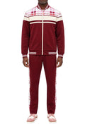 Burgundy men's two piece plaid panel tracksuit with long sleeve top and pants