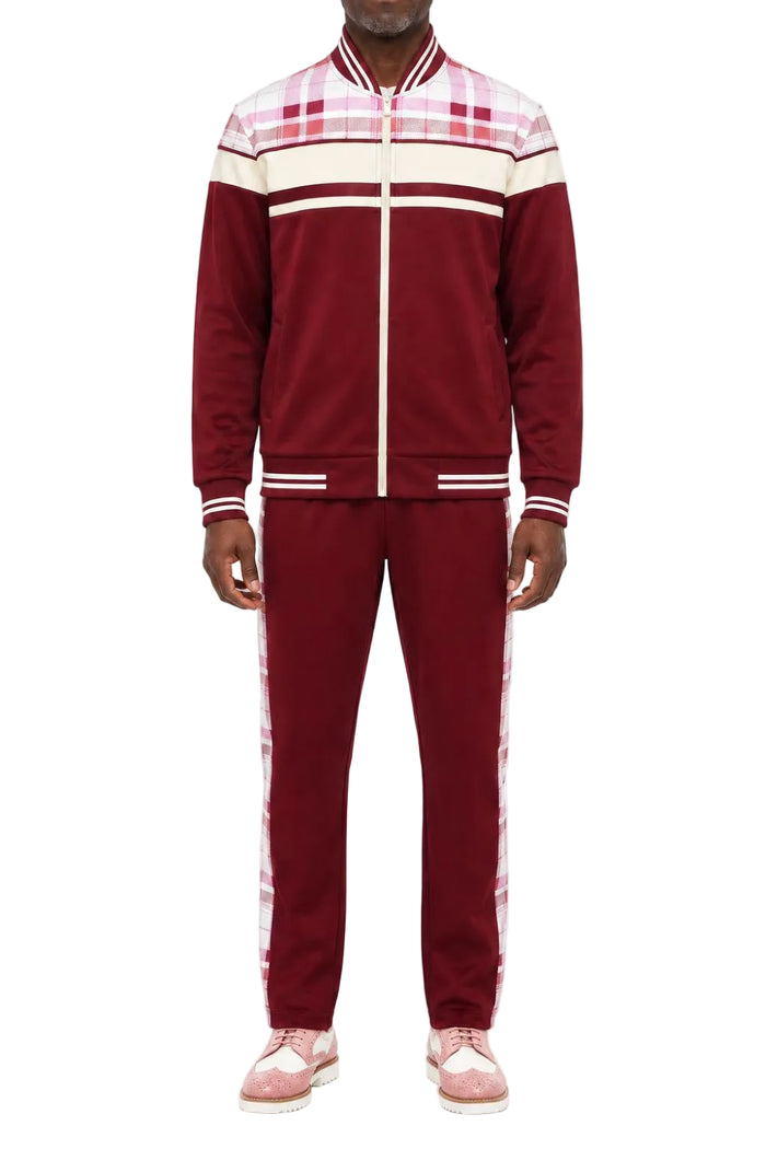 Burgundy men's two piece plaid panel tracksuit with long sleeve top and pants