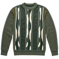 Dark green men's mixed-knit crewneck sweater with vertical stripes and textured finish