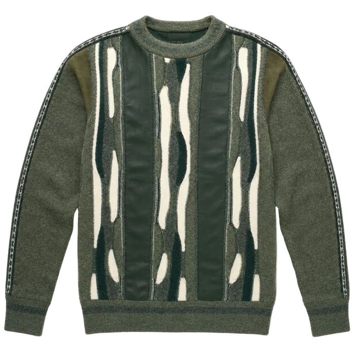 Dark green men's mixed-knit crewneck sweater with vertical stripes and textured finish