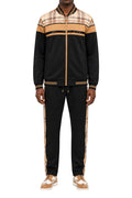 Khaki men's two piece plaid panel tracksuit with long sleeve top and pants