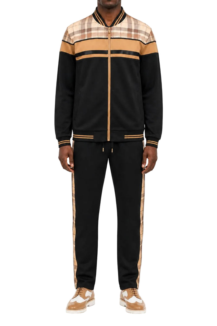 Khaki men's two piece plaid panel tracksuit with long sleeve top and pants
