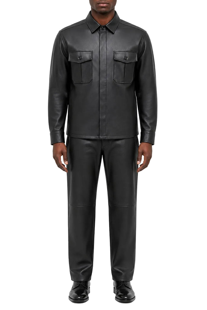 Black men's two piece vegan leather long sleeve walking suit set